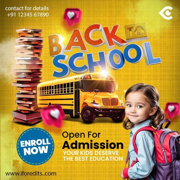 Back to School admission design with school bus, child, and colorful books