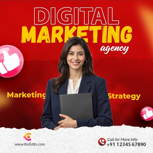 Digital marketing-themed PSD template featuring a professional woman