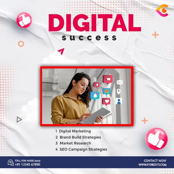 Editable digital marketing graphic showing a woman using tablet with floating icons