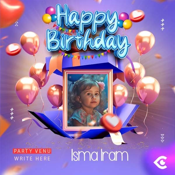 Happy Birthday invitation card design with balloons, gift box, and baby photo.