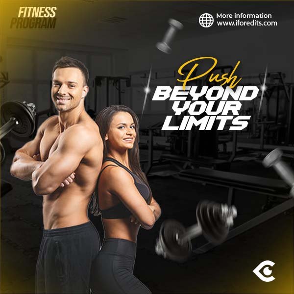 Two fit people standing back to back in a gym with dumbbells flying around.