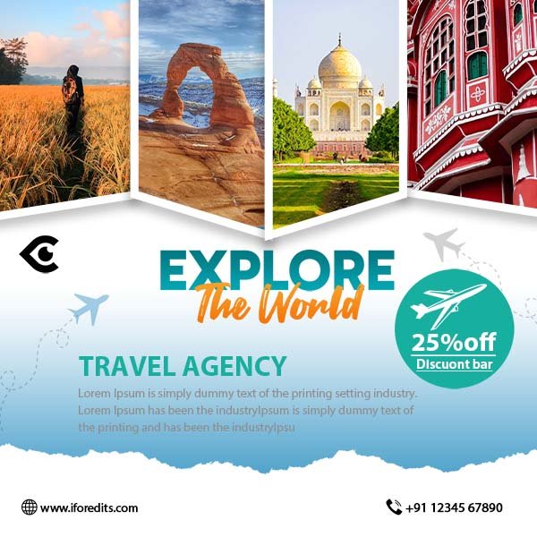 Travel agency flyer with photos of famous destinations and a 25% off discount badge
