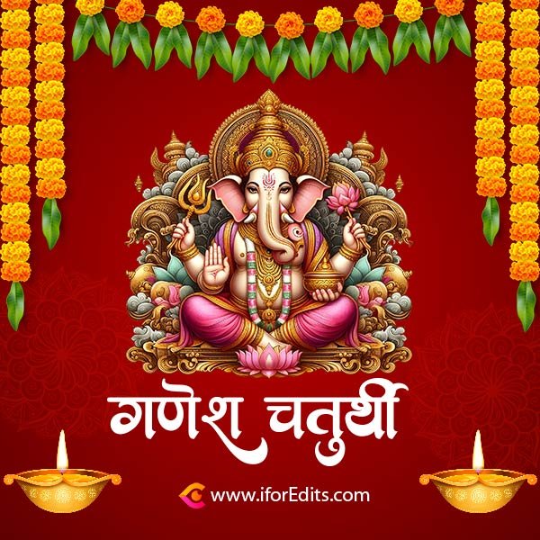 Ganesh Chaturthi greeting with Lord Ganesha on red background and marigold flowers
