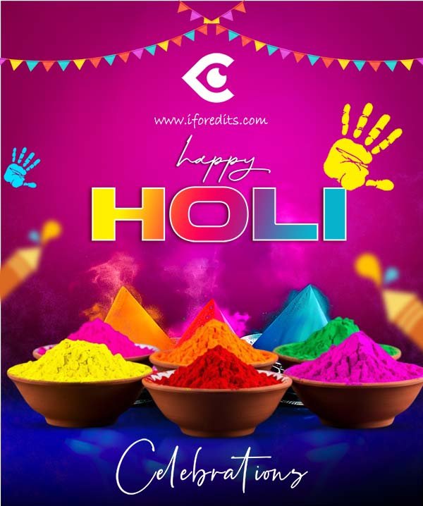 Happy Holi poster with colorful powders and festive background