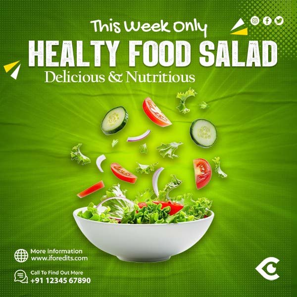 Fresh vegetable salad ingredients flying above a bowl on a vibrant green background