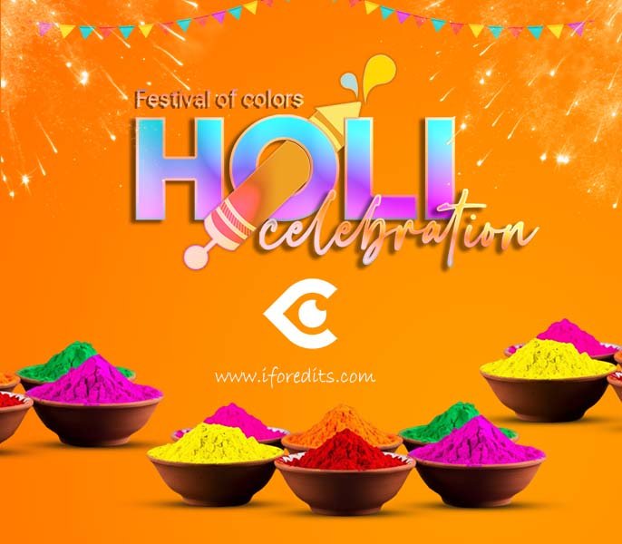 Holi celebration poster with colorful powders on orange background