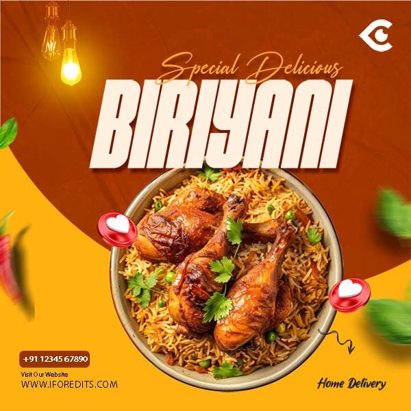 A bowl of biryani with grilled chicken legs garnished with coriander on a warm background