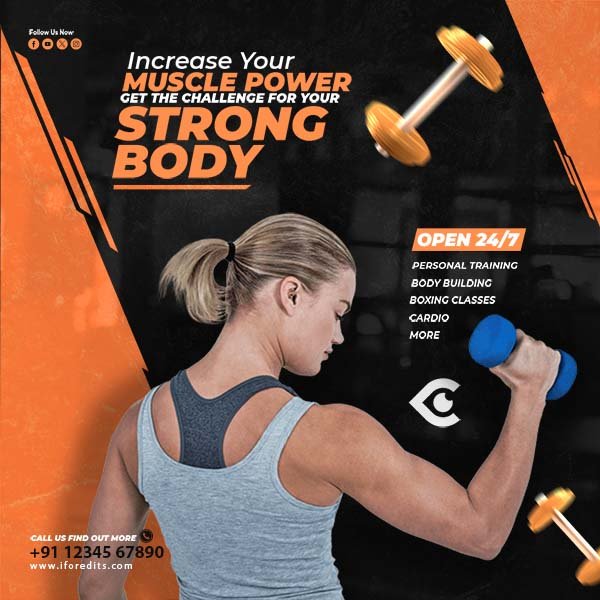 A woman lifting dumbbells in a gym with bold text about increasing muscle power.