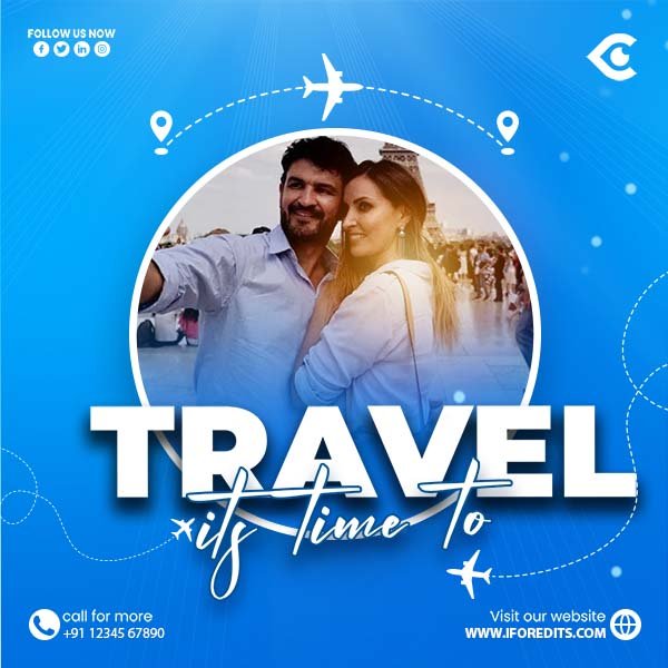Travel flyer with a couple taking a selfie and the text “It’s time to travel”