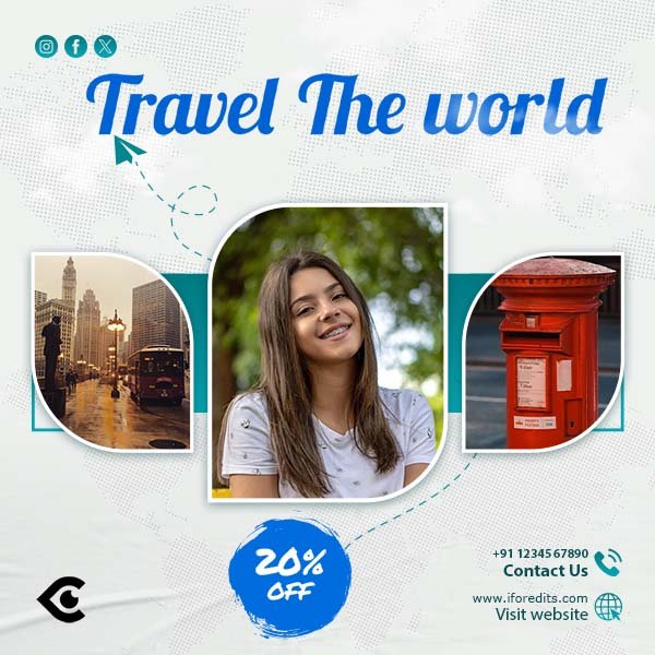 Travel agency flyer featuring three photos: a smiling woman, a street scene, and a red mailbox with the text "Travel the World"