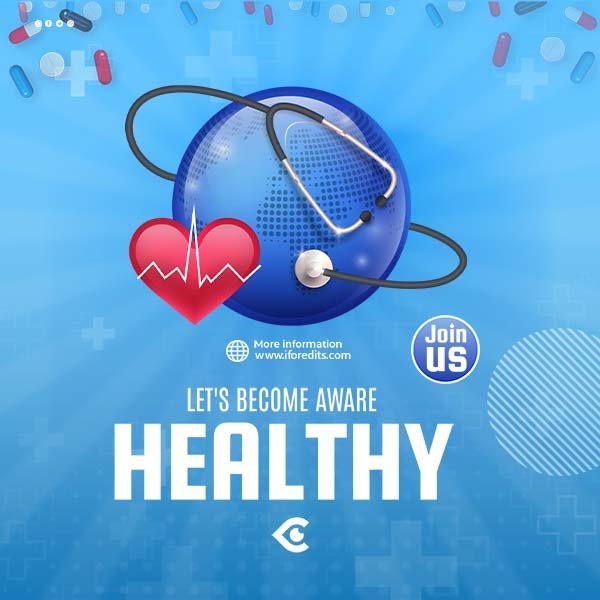 Health awareness poster with globe, heart and stethoscope