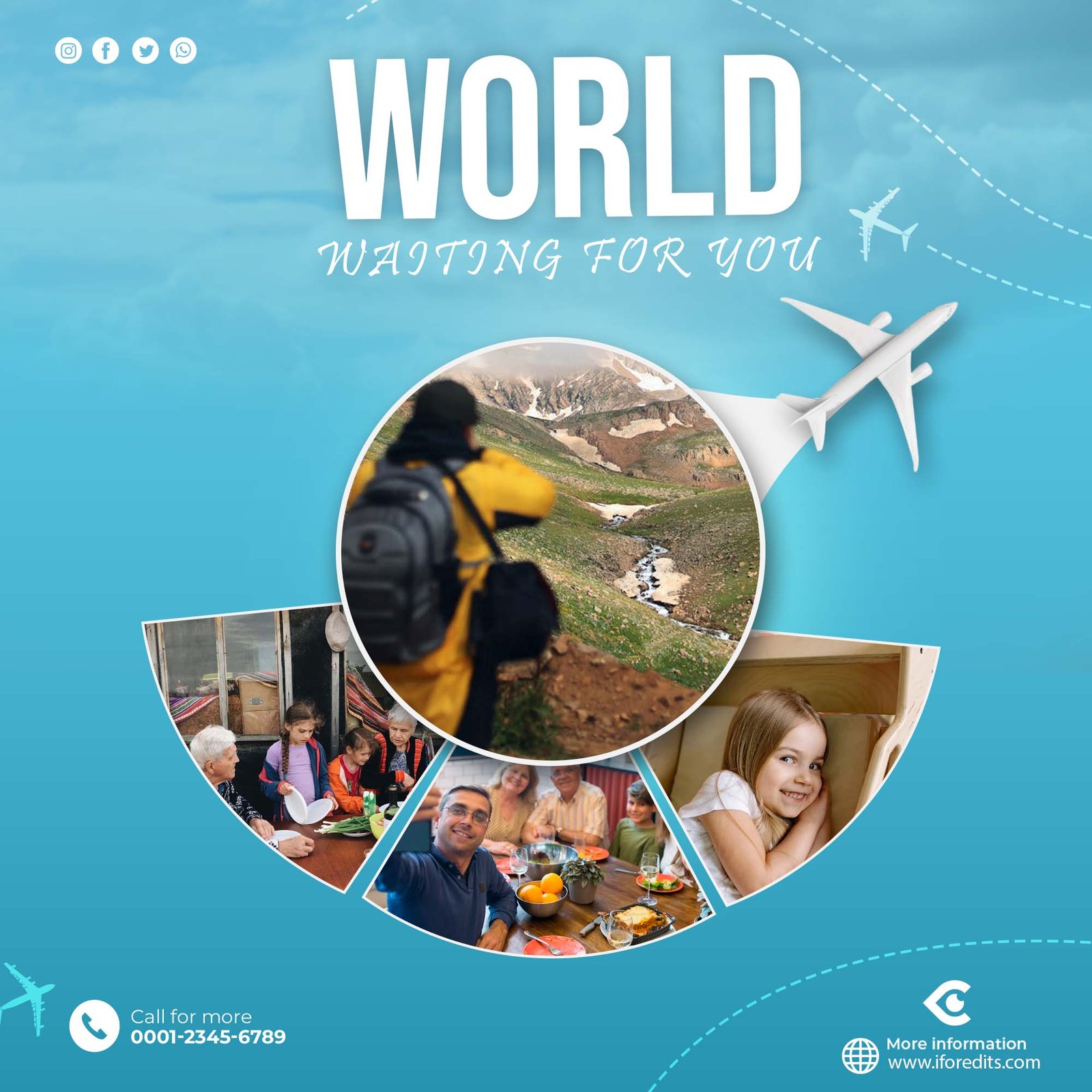 Travel flyer with a central image of a hiker and smaller images of family dining, a child smiling, and tourists at a local market